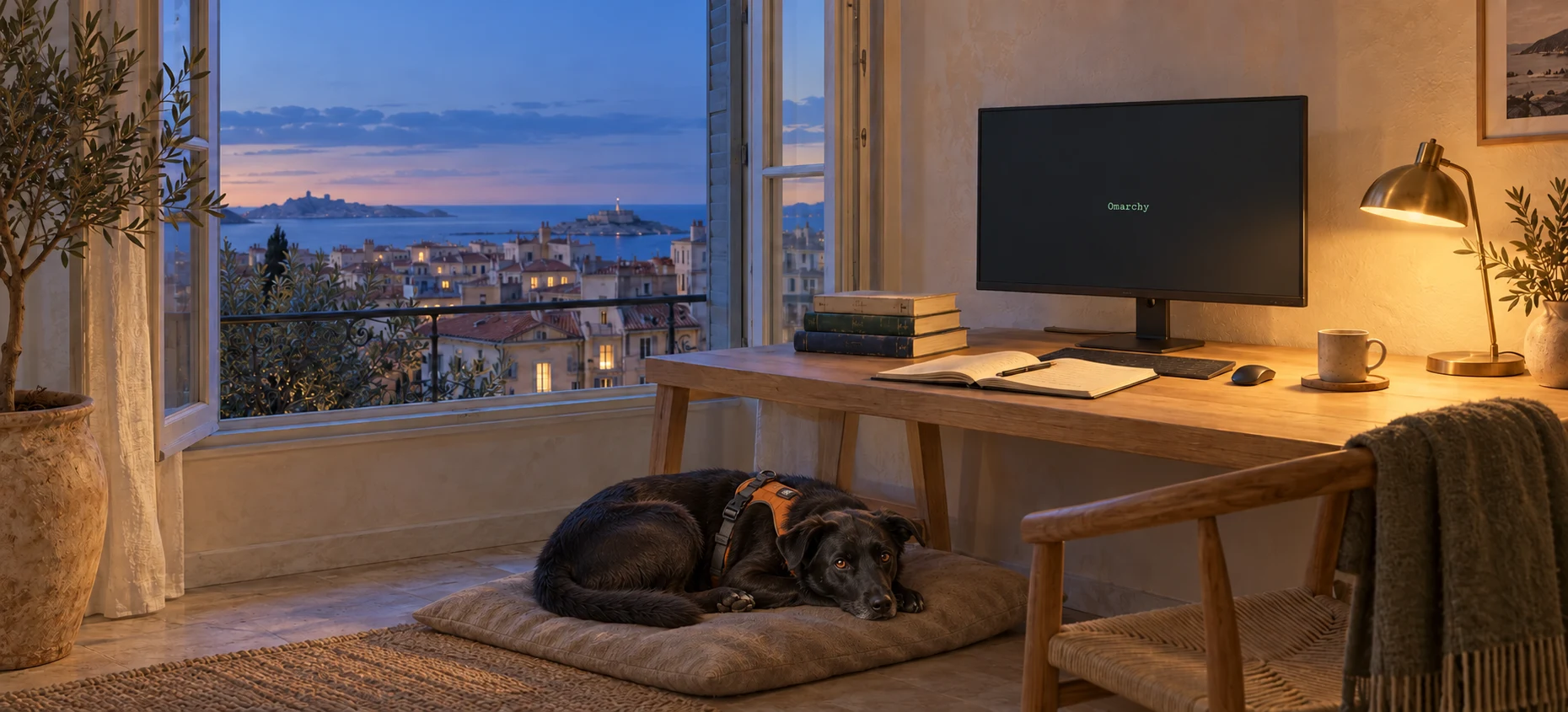 Concept illustration: a Marseille study at dusk, books, an Omarchy screen and Thor resting in his orange harness beside the desk.