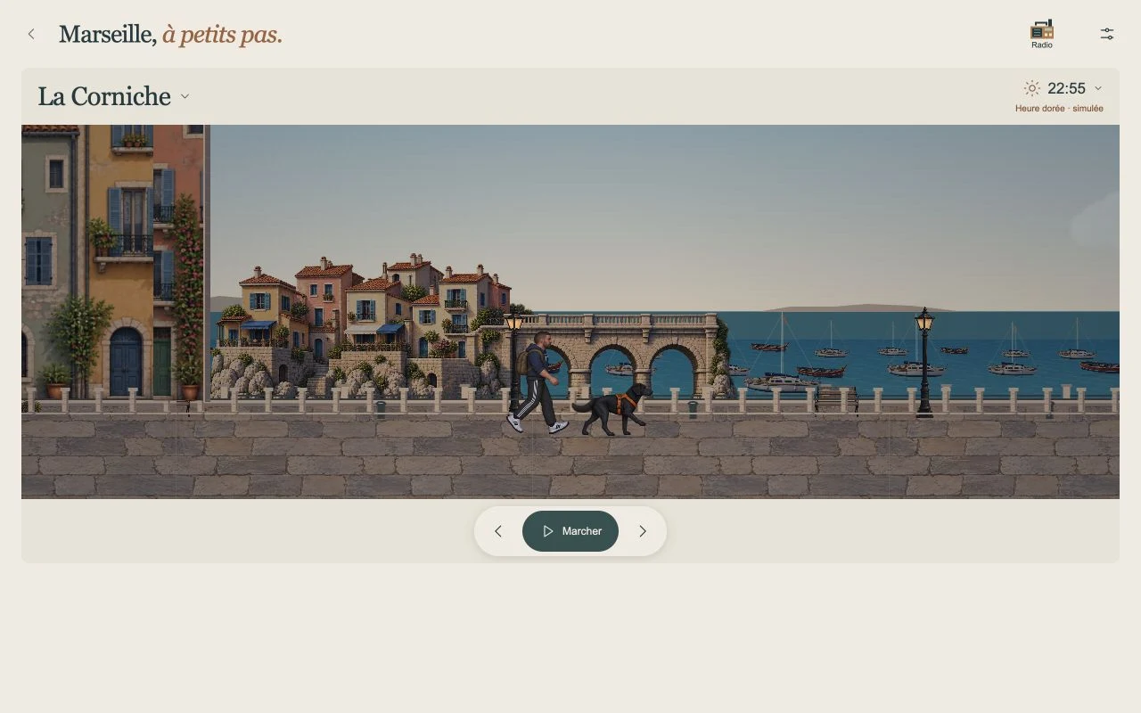 Capture de Marseille, à petits pas : Thomas et Thor sur la Corniche, en ambiance heure dorée simulée.