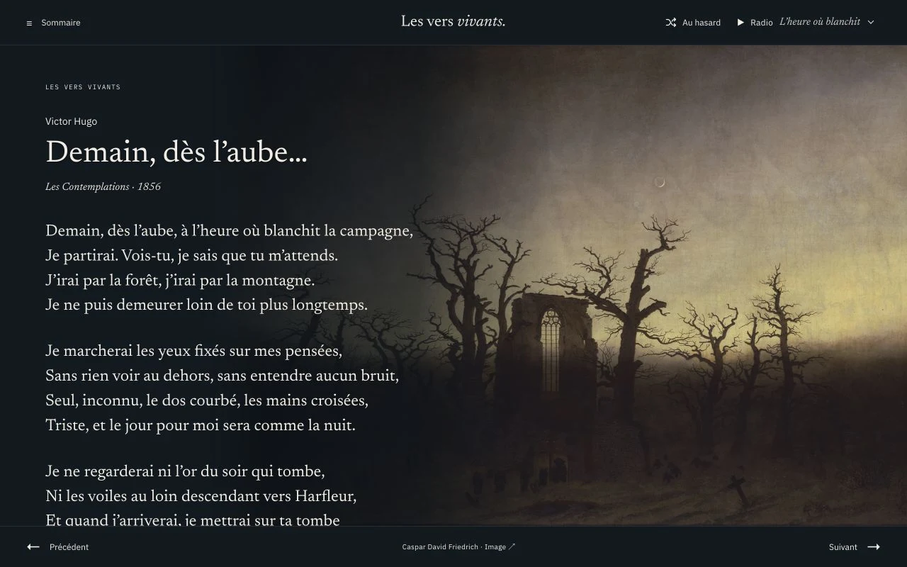 Capture des Vers vivants : Demain, dès l’aube… de Victor Hugo, accompagné d’une peinture de Caspar David Friedrich.